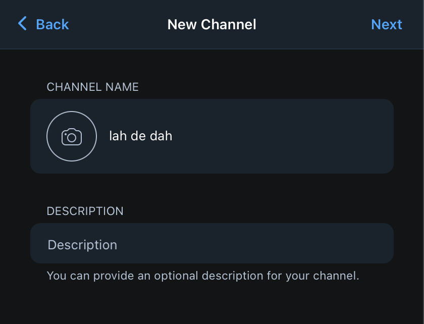 Screen where you can add channel name