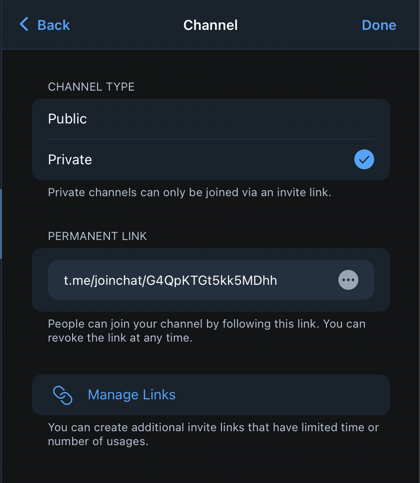 Telegram interface to choose public or private channel