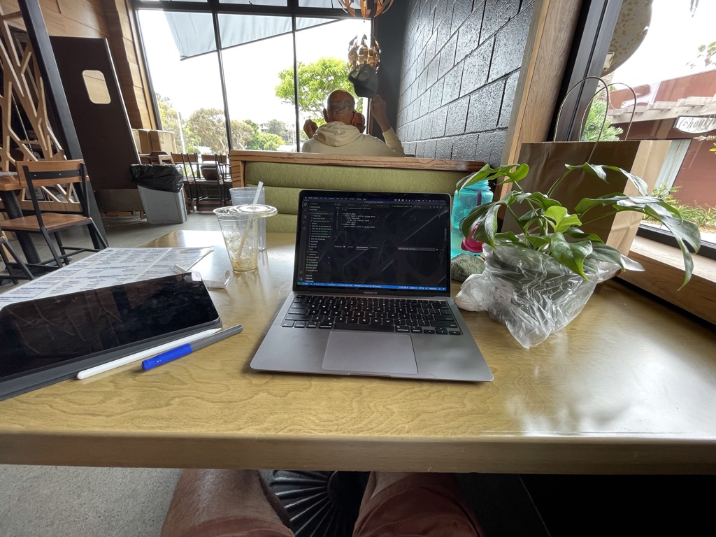 my working setup in the Swami's Cafe